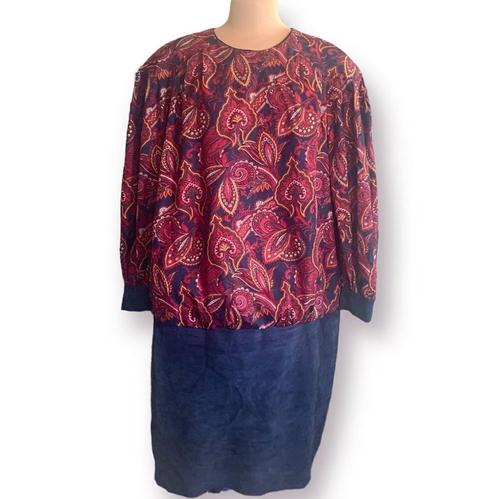 Vintage 80s Dress Silk Suede Leather Paisley Print Drop Waist Burgundy Plus Size